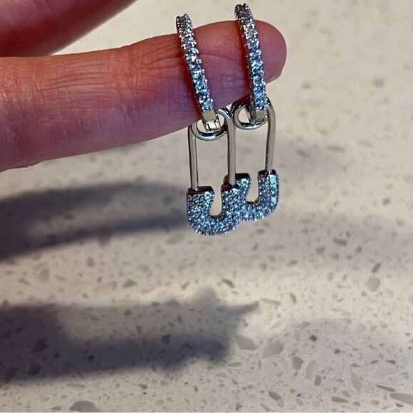 Cubic Zirconia Safety Pin Drop Earrings - Picture 8 of 10